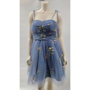 IWEMEK Tulle Floral Dress XXL Blue Embroidered Corset Lace Up Mini Fairycore NEW